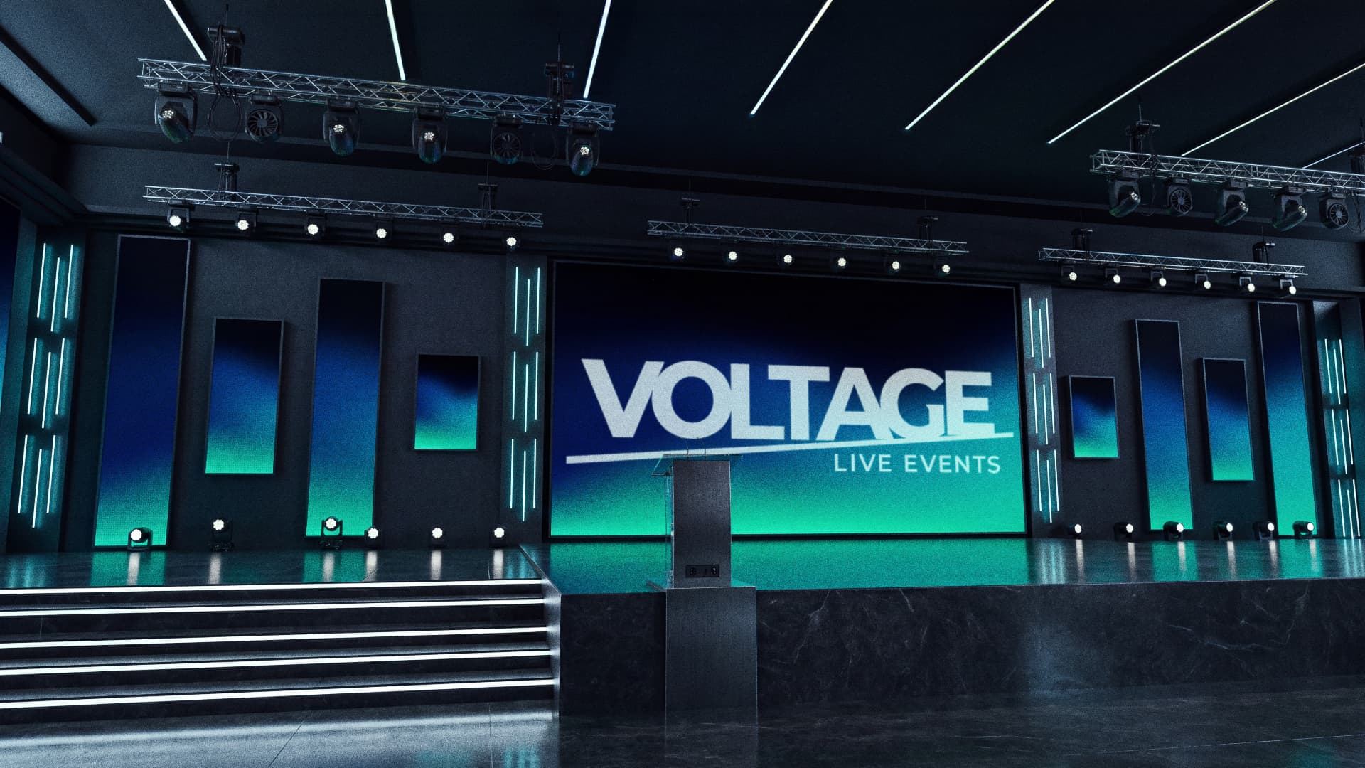 Voltage Live Events stage render with LED wall and lighting rig