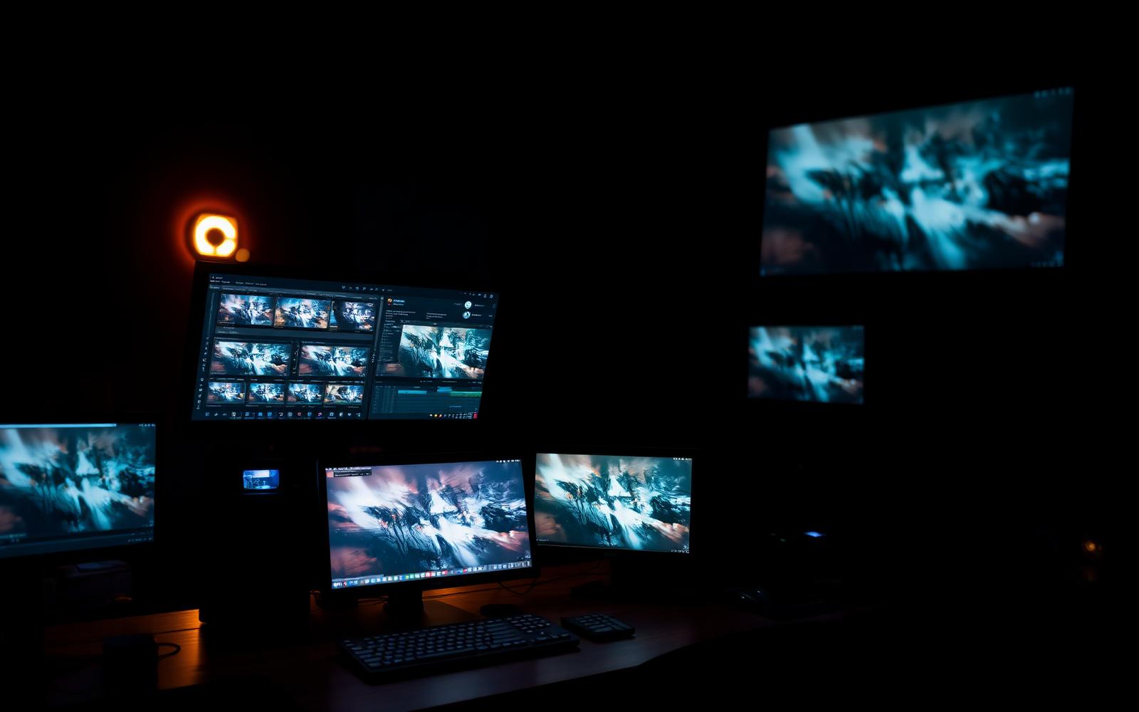 A motion design and edit suite lit by monitors in a dark studio